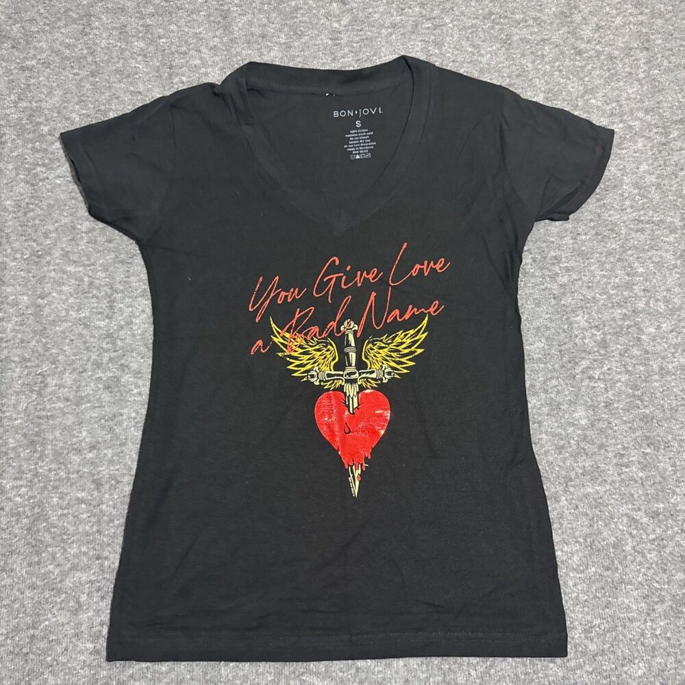 Bon Jovi Women's Blouse V-neck Graphic Black Small